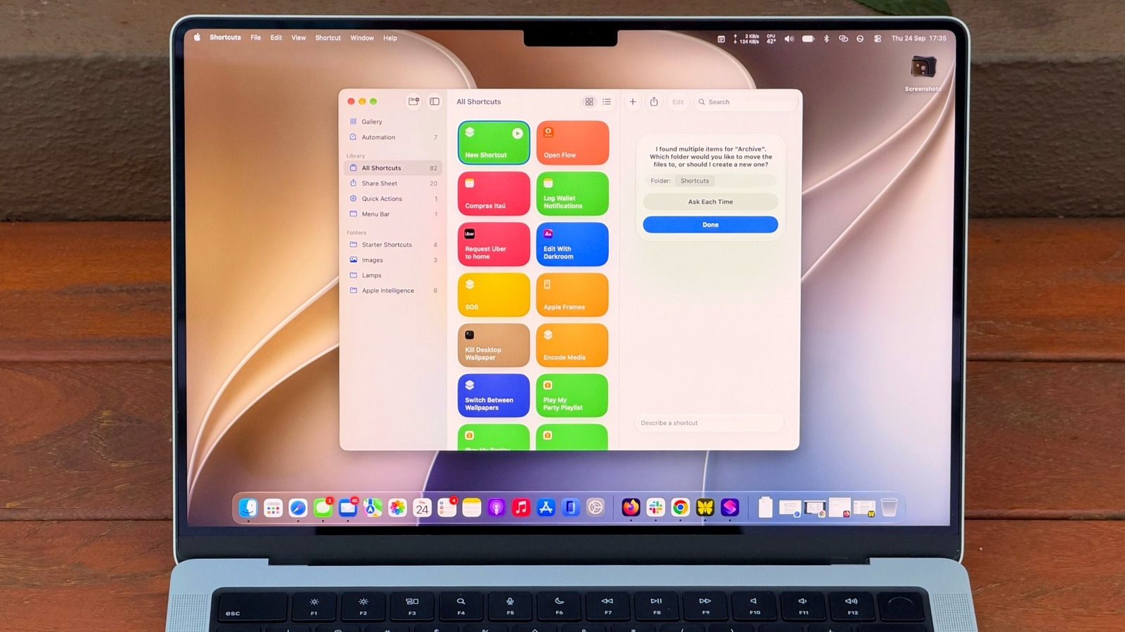 A MacBook screen displays the Shortcuts app with colorful shortcut tiles and a file selection prompt.
