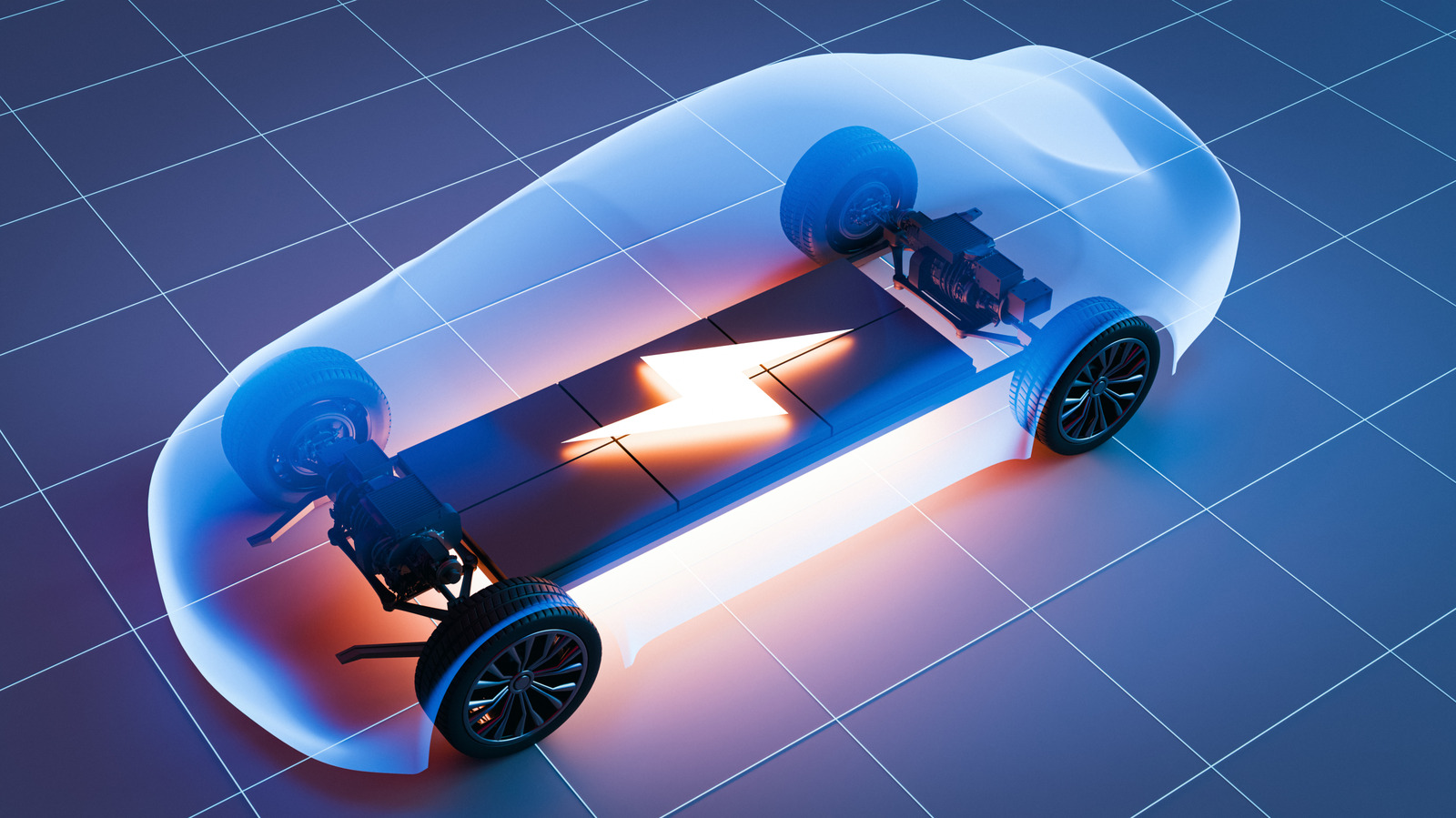 Transparent electric vehicle body reveals battery pack, electric motors, and wheels on a blue gridded floor.
