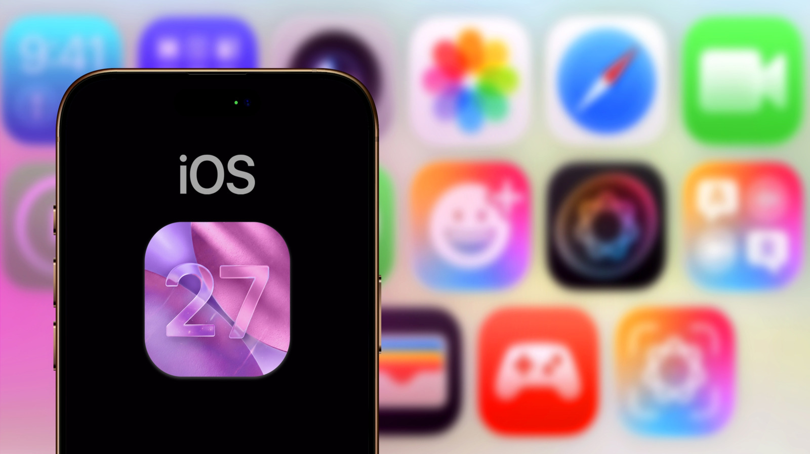 iPhone displaying iOS 27 logo against a blurred background of colorful app icons