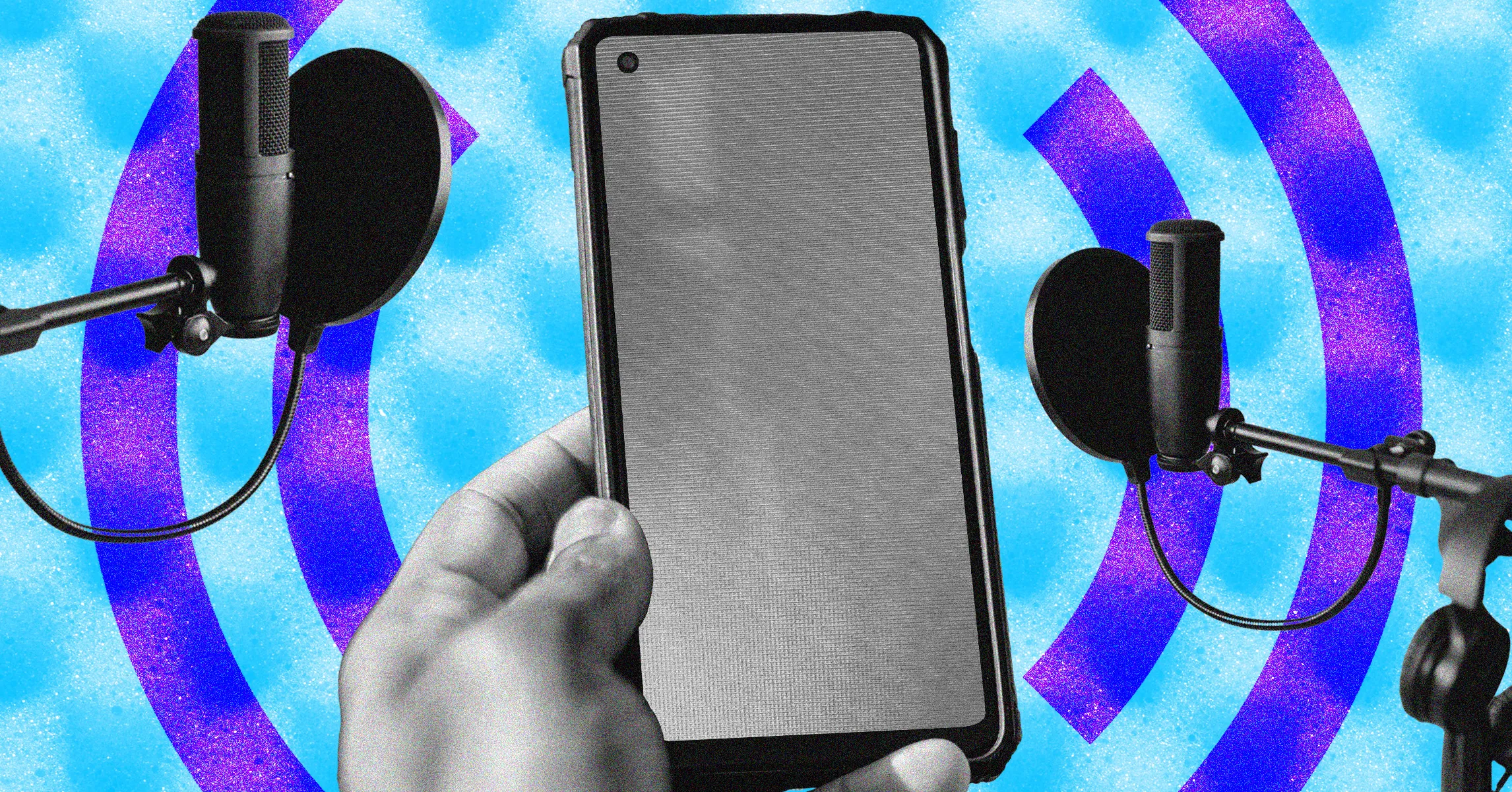 A hand holds a smartphone between two microphones against a bright blue patterned background.