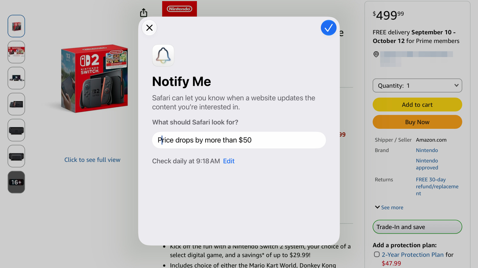 Safari Notify Me dialog overlays an Amazon Nintendo Switch 2 product page with a price-drop alert.