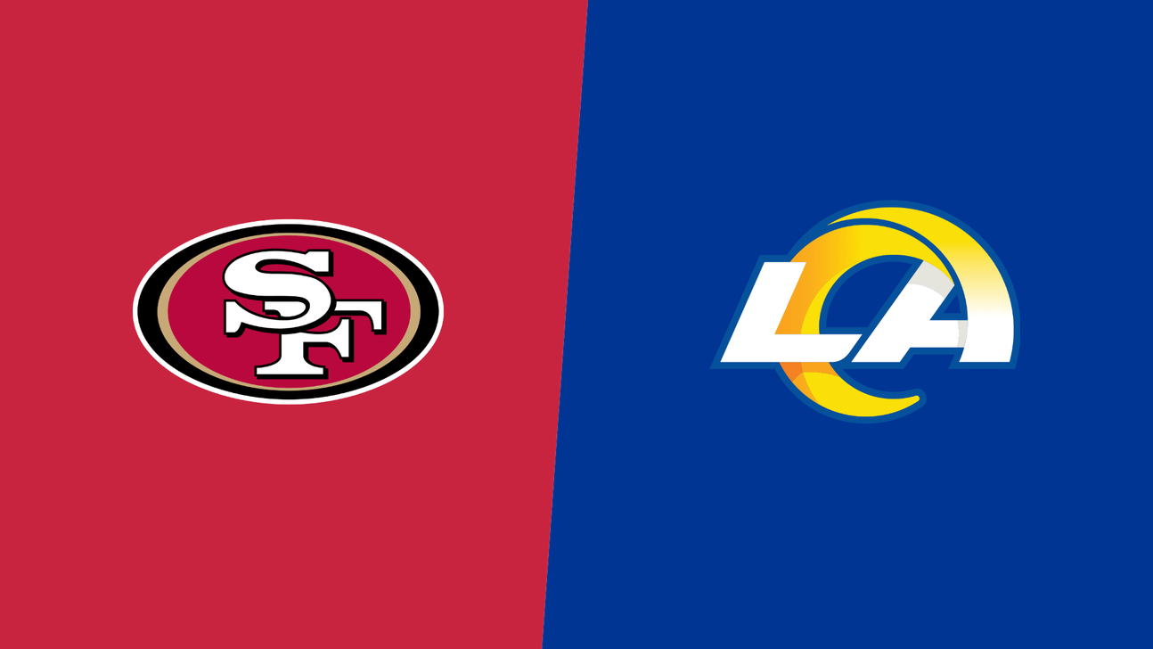 San Francisco 49ers and Los Angeles Rams logos on red and blue split background
