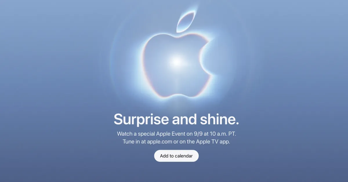 Blue Apple logo glowing above text announcing a special Apple event on September 9