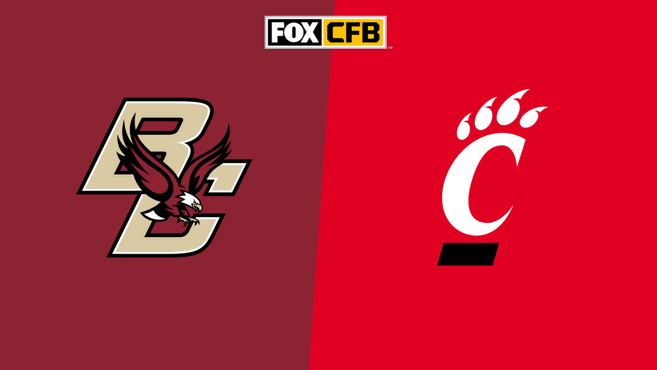 Boston College and Cincinnati football logos displayed side by side on contrasting maroon and red backgrounds