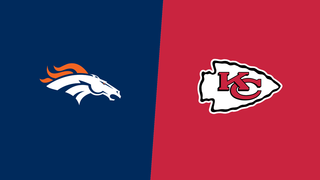 Denver Broncos and Kansas City Chiefs logos on contrasting navy blue and red backgrounds