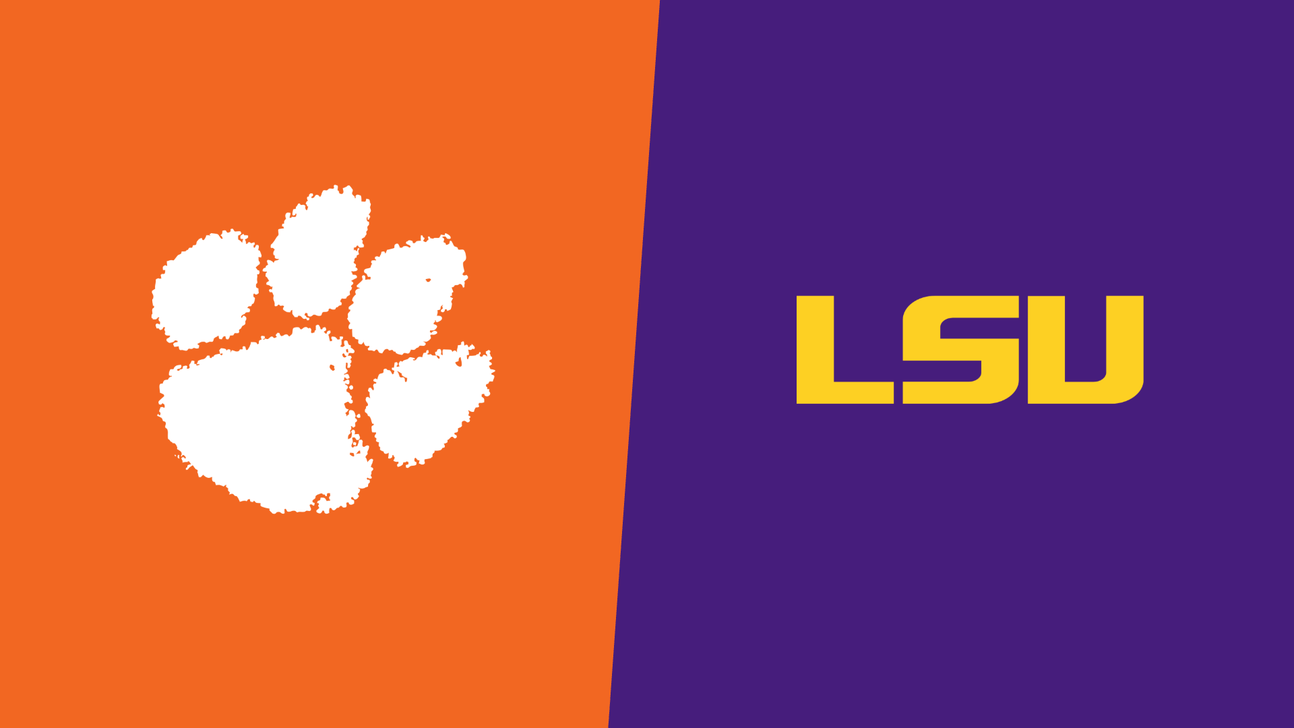 Clemson paw logo on orange beside LSU lettering on a purple background