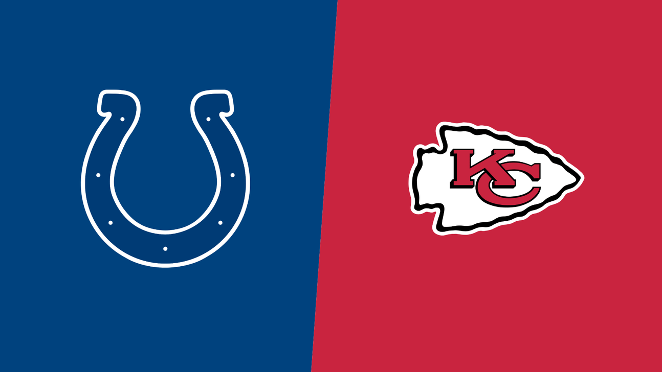 Indianapolis Colts horseshoe logo beside Kansas City Chiefs arrowhead logo on split blue and red background