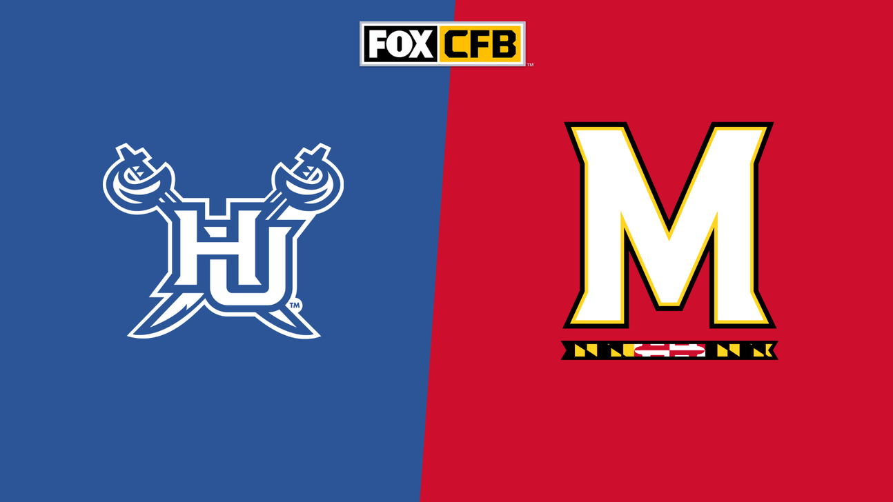 Fox CFB graphic with Hampton and Maryland team logos on blue and red backgrounds.