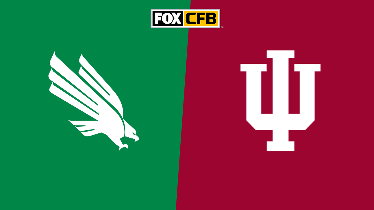 FOX CFB logo above North Texas and Indiana team logos on split green and crimson background