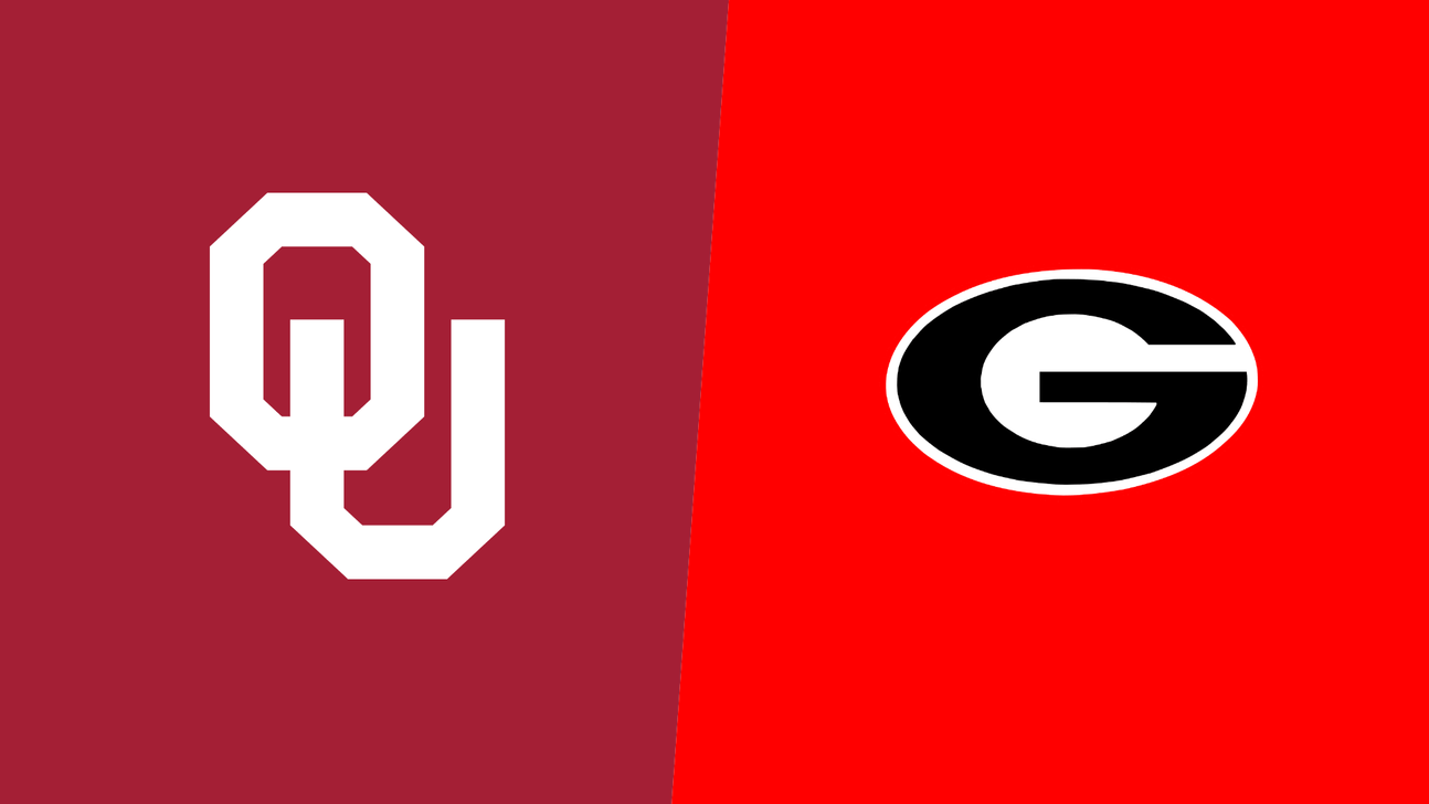 Oklahoma and Georgia football team logos appear side by side on contrasting crimson and red backgrounds.