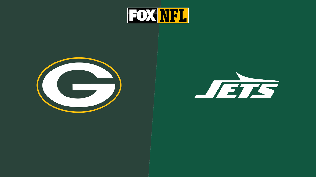 FOX NFL graphic showing Green Bay Packers and New York Jets logos on split-color background