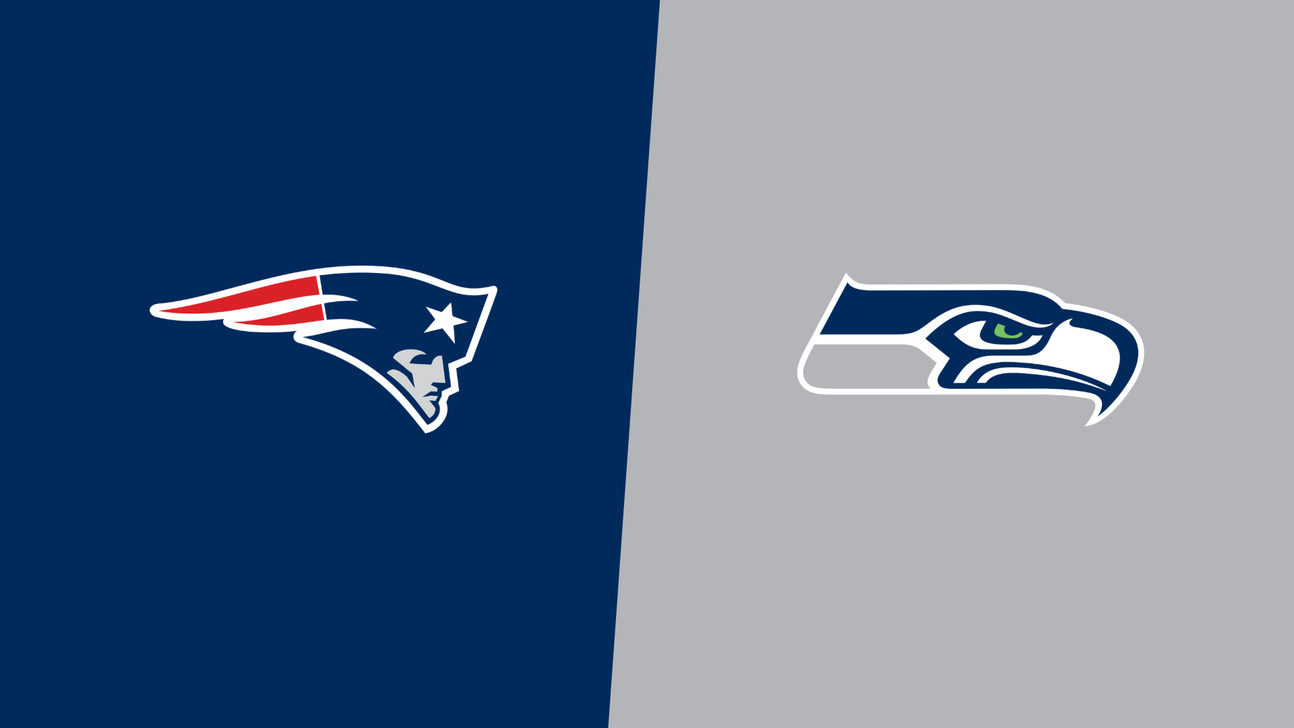 New England Patriots and Seattle Seahawks logos displayed on split navy and gray backgrounds