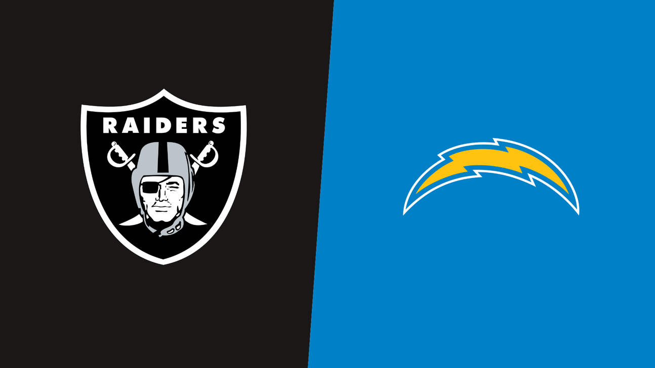 Las Vegas Raiders logo on black beside Los Angeles Chargers lightning bolt logo on blue