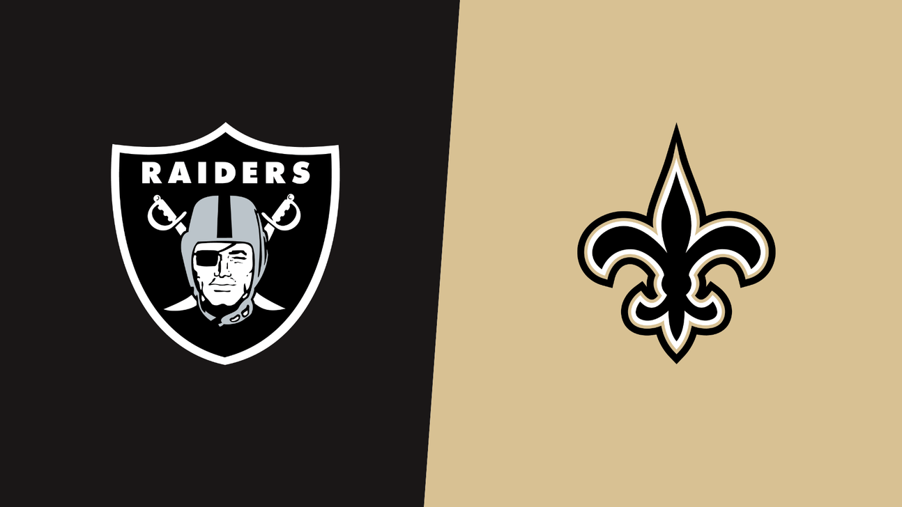 Raiders shield logo on a black panel beside a Saints fleur-de-lis on gold.