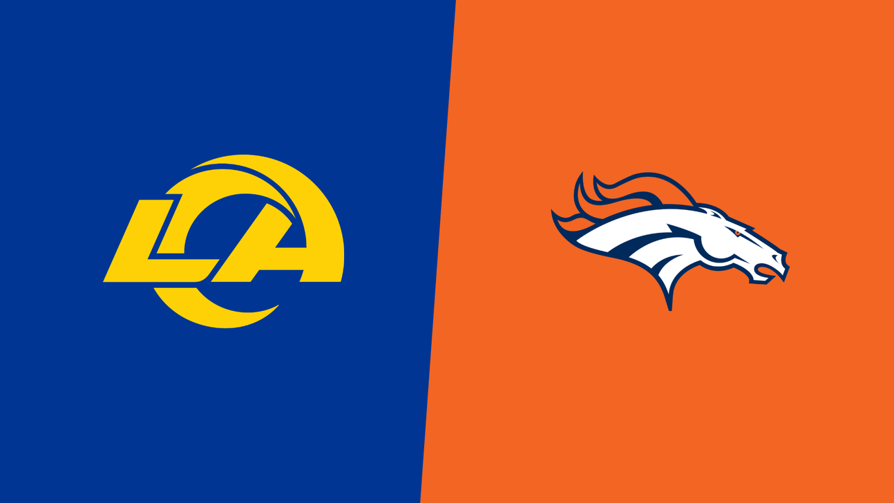 Los Angeles Rams and Denver Broncos logos on split blue and orange backgrounds.
