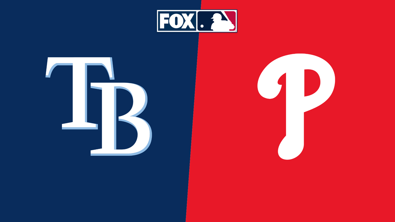 Rays and Phillies logos appear on split navy and red backgrounds beneath the FOX MLB logo.