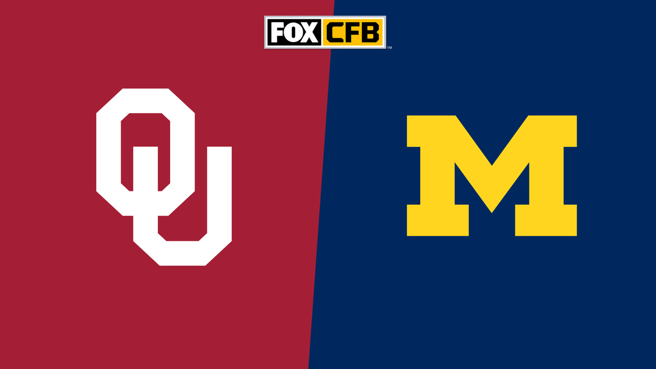 Fox CFB graphic featuring Oklahoma Sooners and Michigan Wolverines logos on split-color background