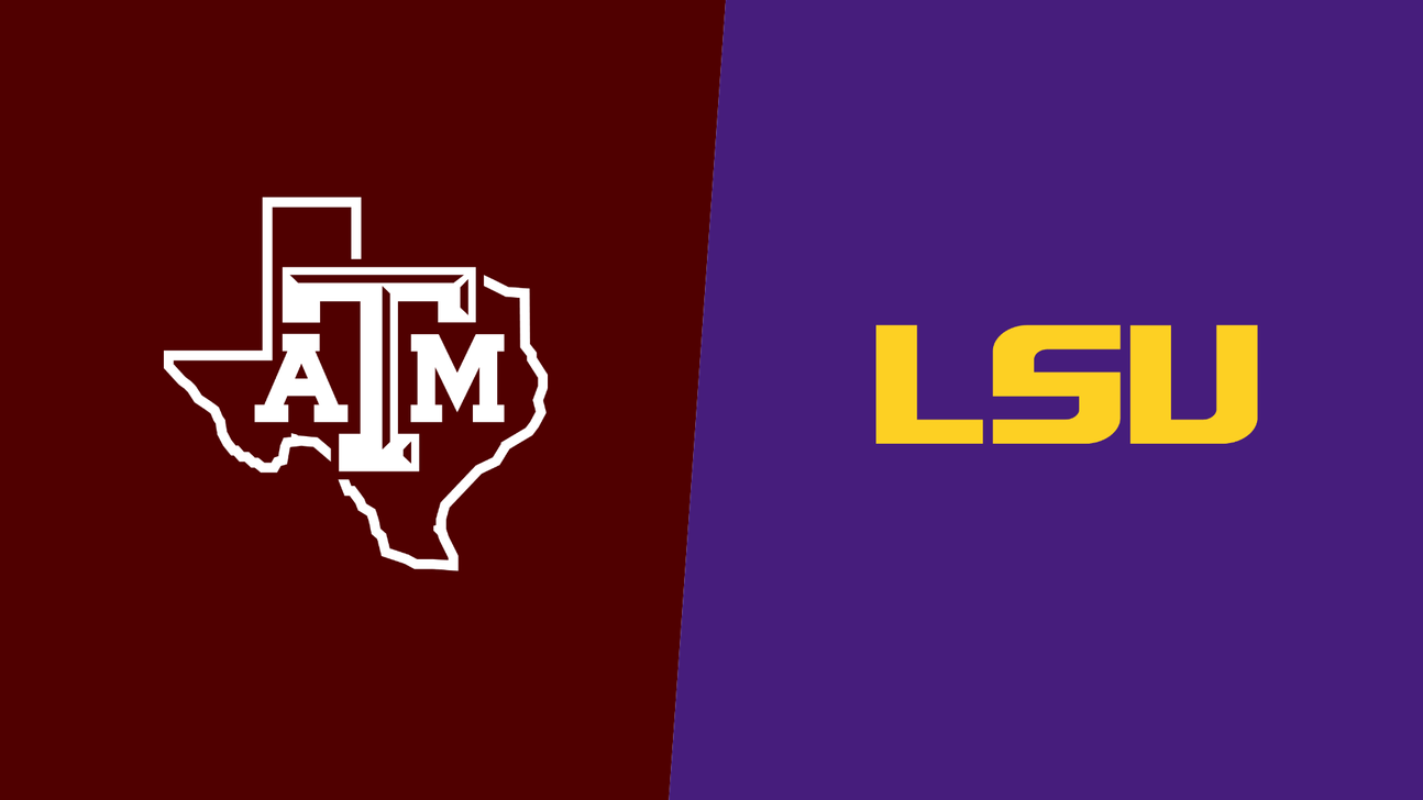 Texas A&M and LSU logos appear side by side on maroon and purple backgrounds.