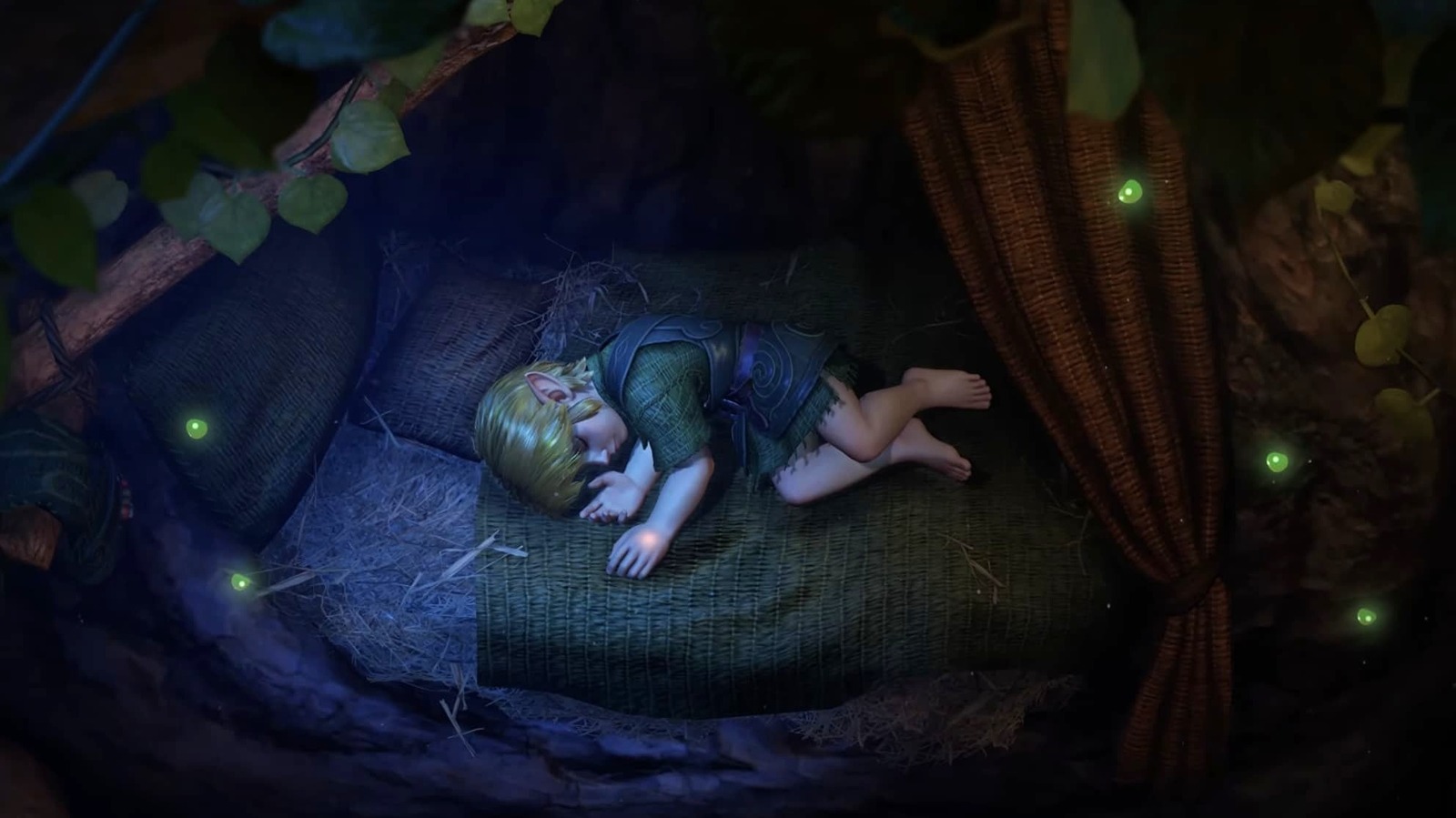 Elf-like child sleeping in a woven basket beneath tree branches, surrounded by glowing green lights