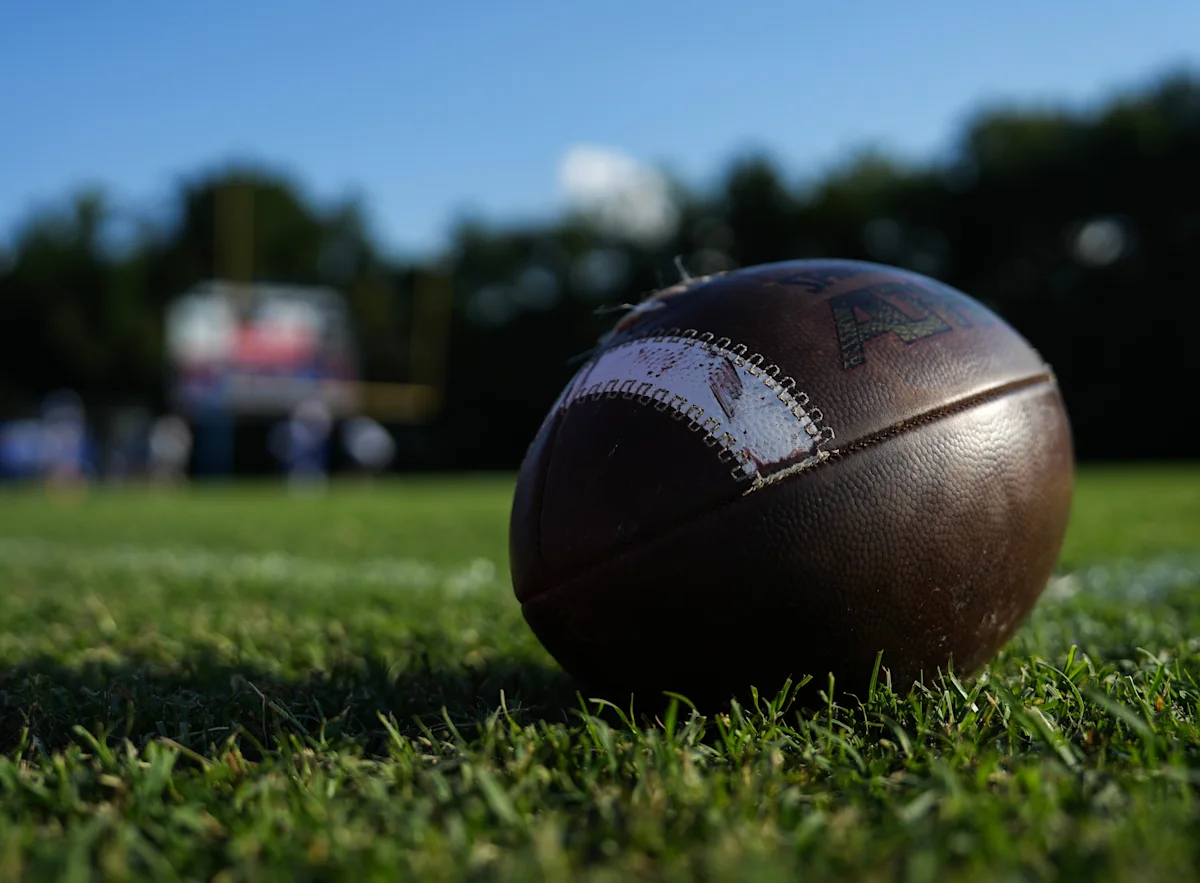 Close-up of a football resting on grass with a blurred field and trees behind it.