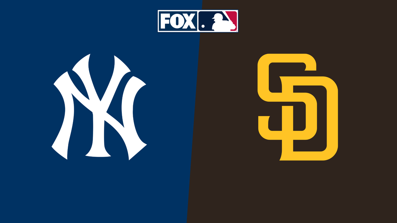 Yankees and Padres logos displayed on opposing blue and dark brown panels beneath a FOX MLB logo
