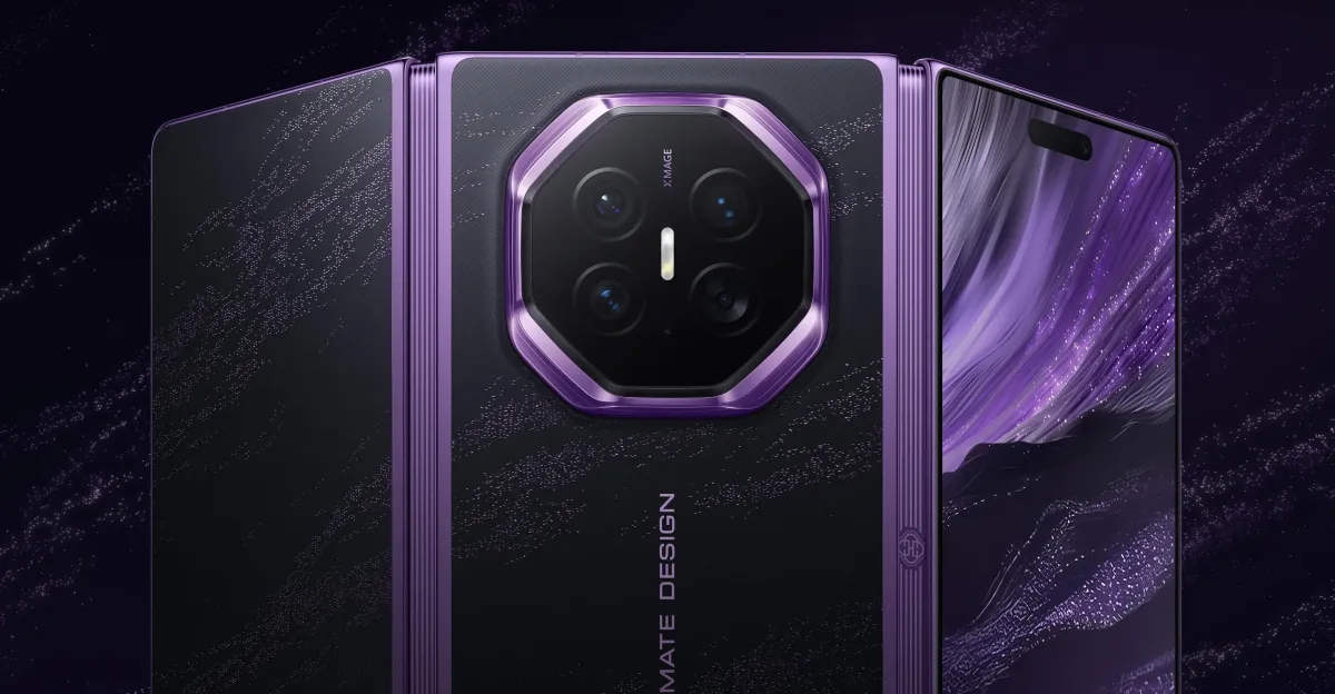 Purple-and-black trifold smartphone showing its rear camera module and illuminated inner display