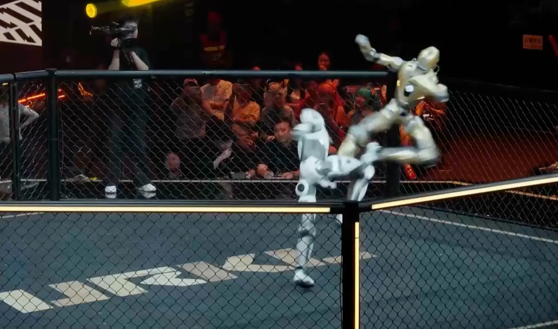 Two humanoid robots grapple inside a fenced arena as spectators watch from behind the cage.