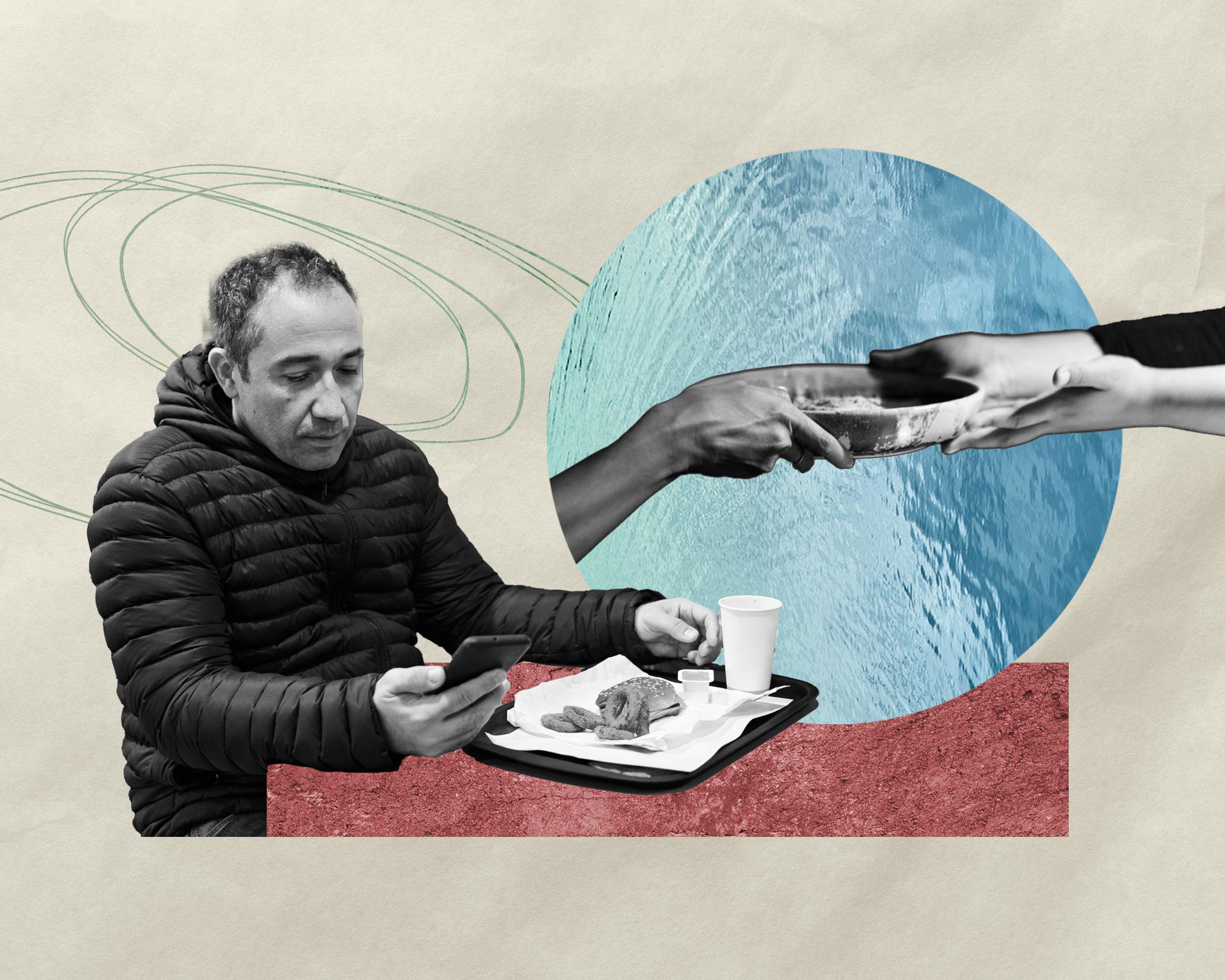 Collage of a man eating alone while hands exchange a bowl against abstract blue and red shapes.