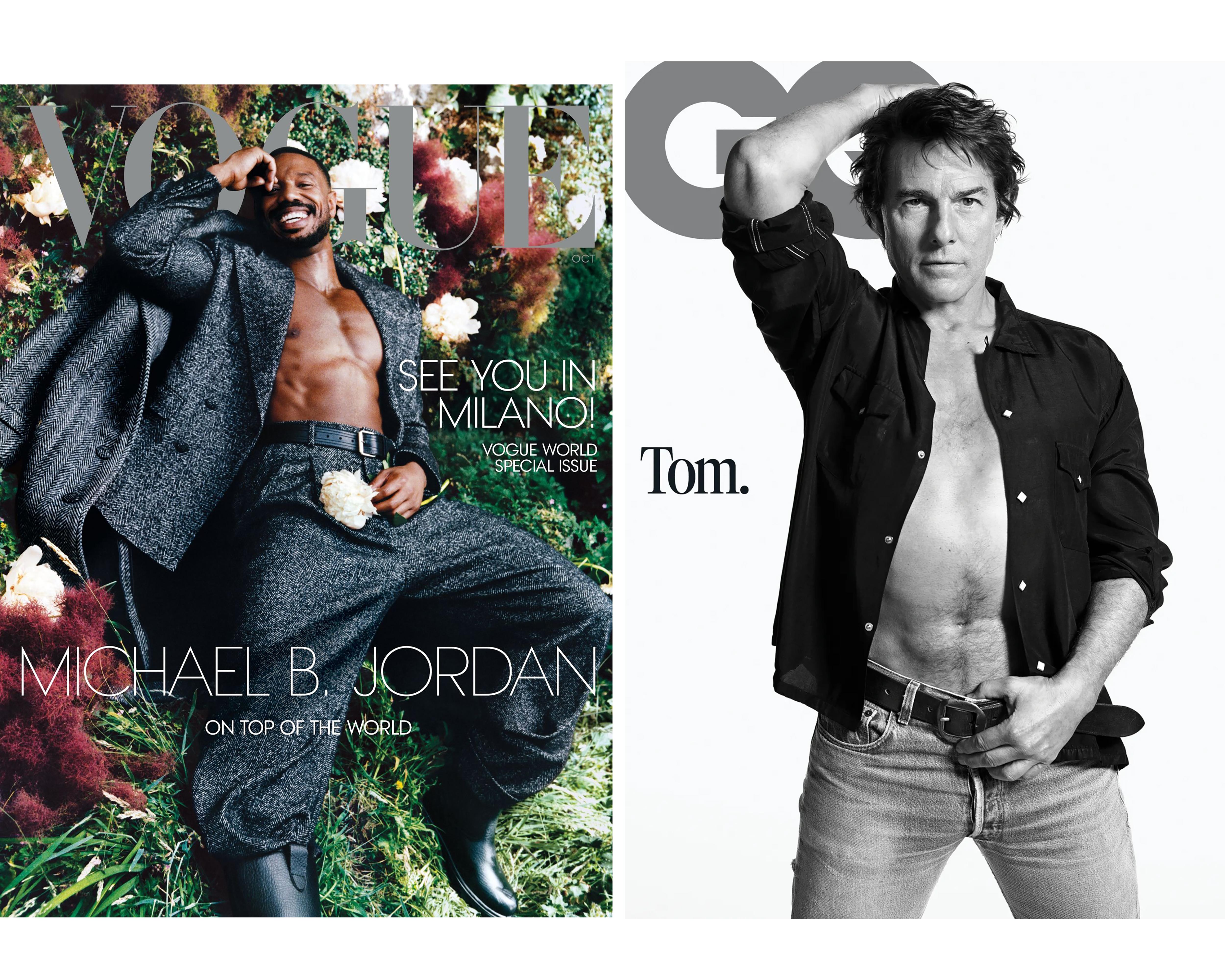 Two magazine covers feature shirtless male celebrities, one color portrait and one black-and-white portrait.