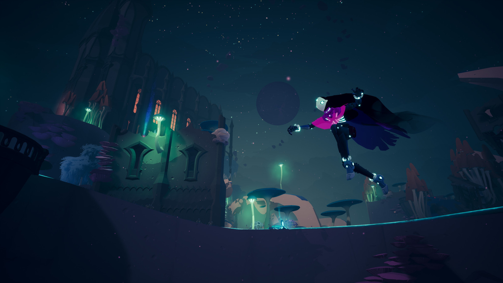 Stylized character leaps through a glowing alien landscape beneath a star-filled sky