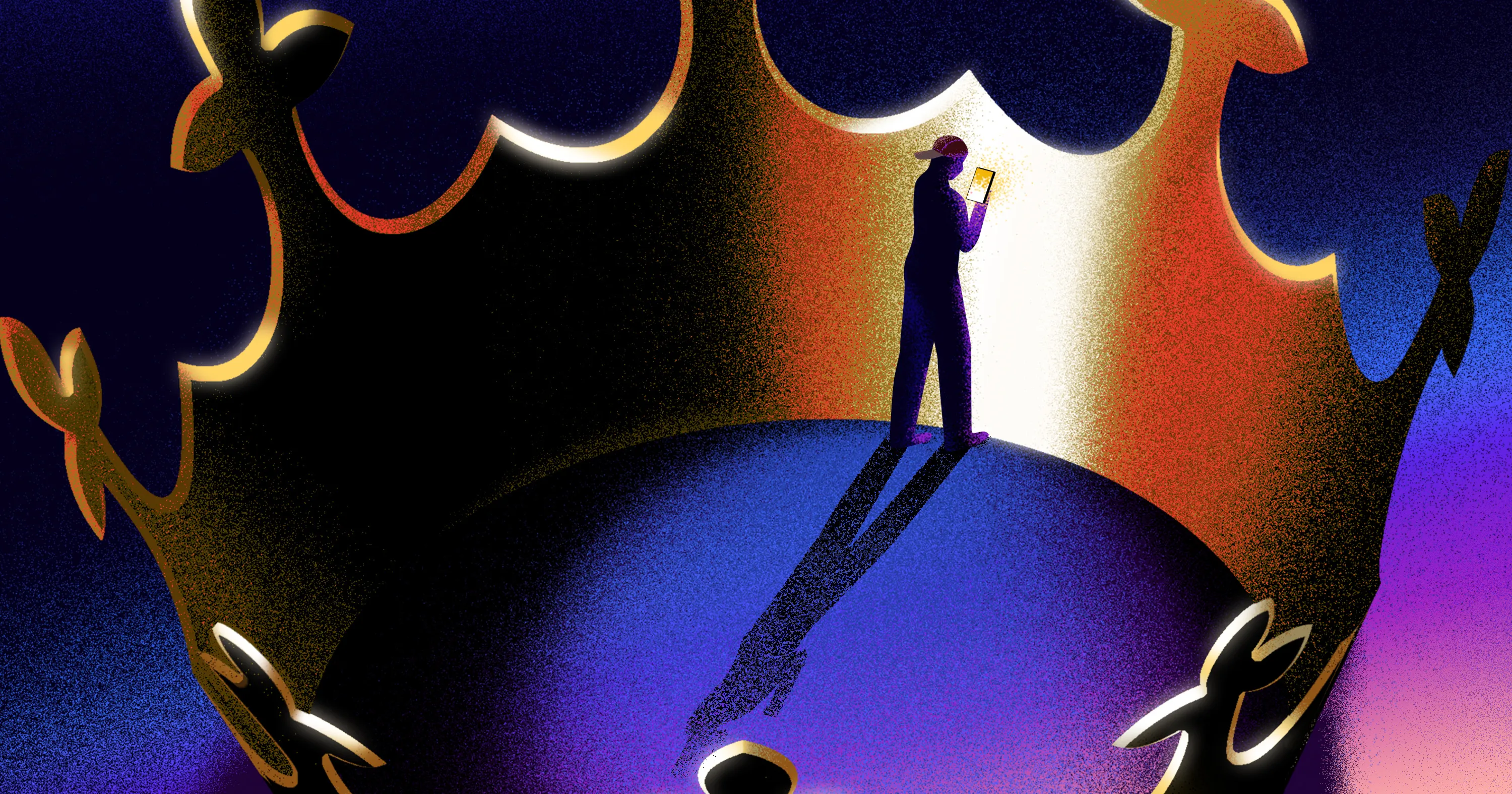 A silhouetted person holds a glowing phone before a brightly lit opening in a giant theatrical mask.