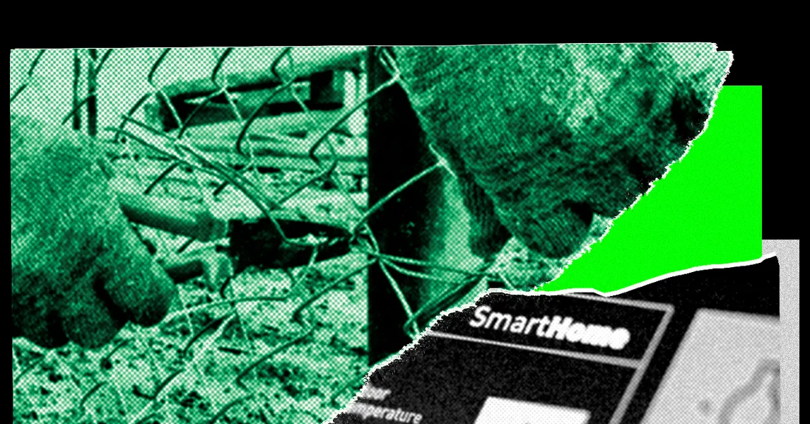 Green-tinted collage showing tangled electronics beside a device labeled “Smarthome.”