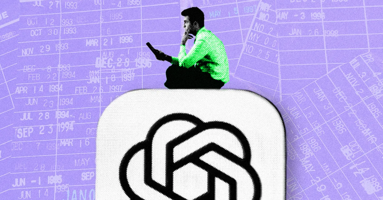 Person using a laptop sits atop a large chatbot logo against a purple calendar backdrop.