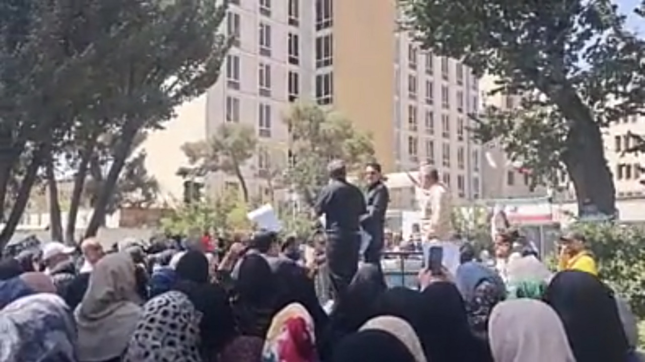 Crowd gathers outdoors beneath trees, with several people standing elevated among apartment buildings.