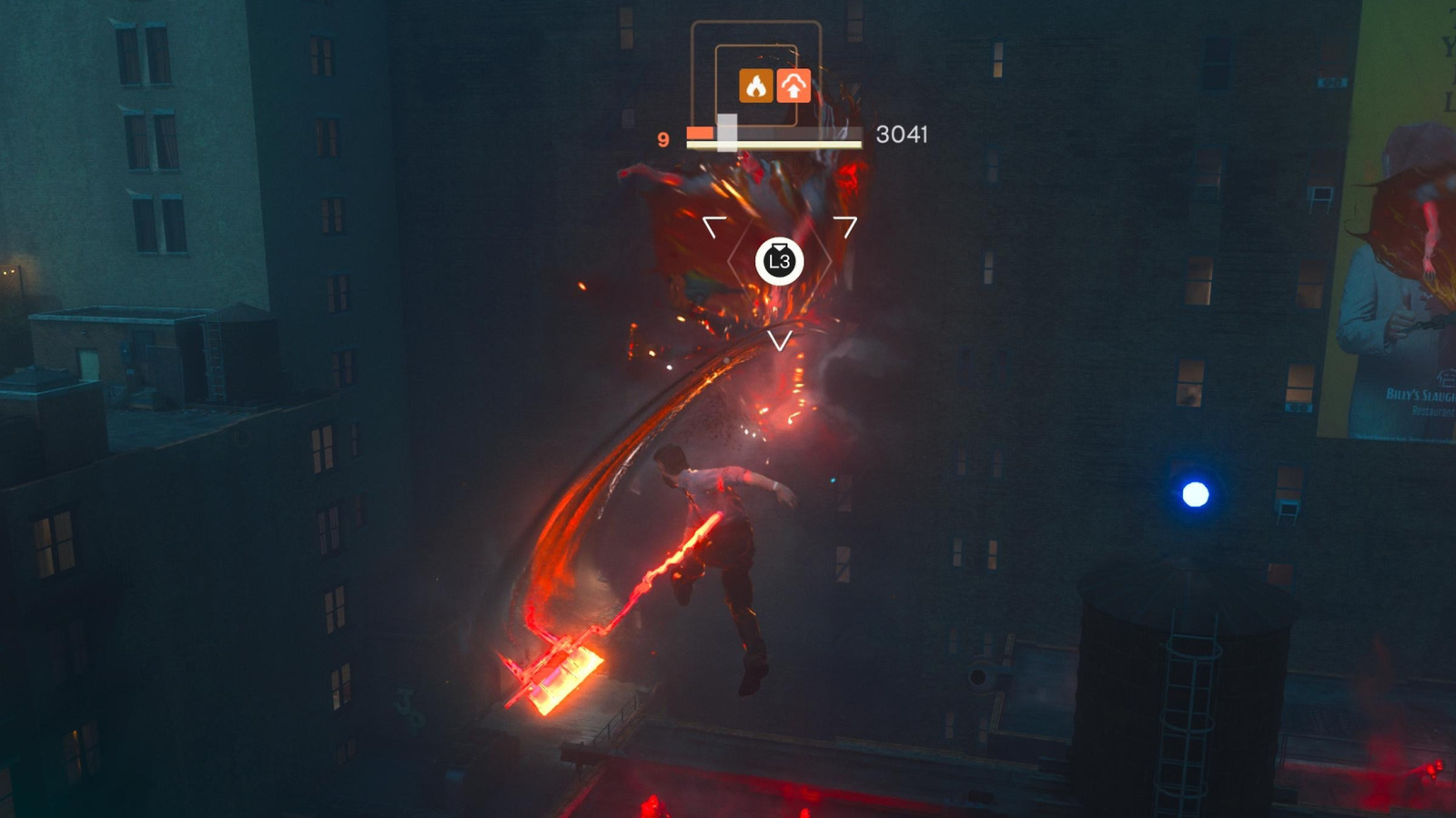 A character swings a glowing red weapon at an airborne enemy above dark city rooftops, with game HUD visible.