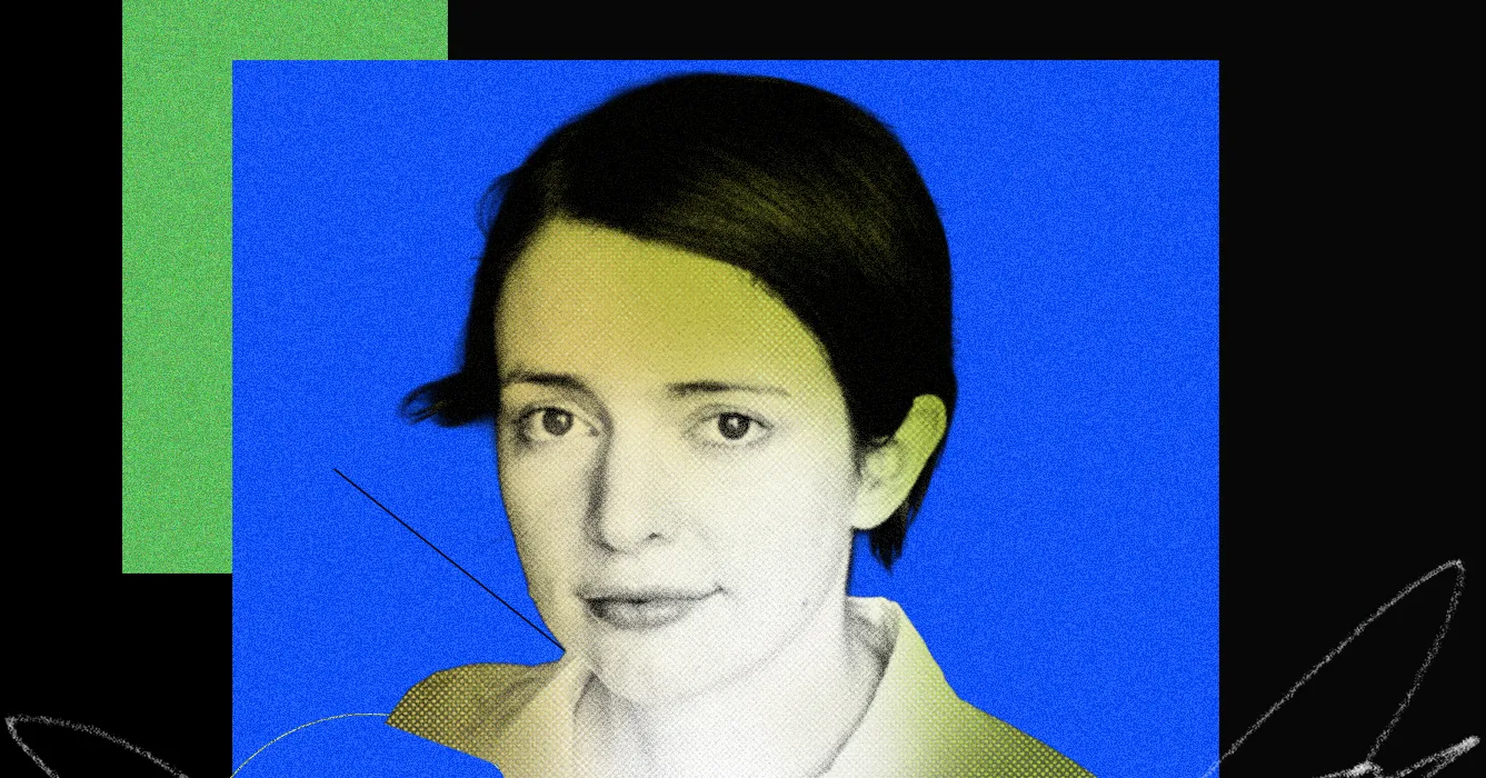 Stylized black-and-white portrait of a short-haired woman against a vivid blue and green geometric background.