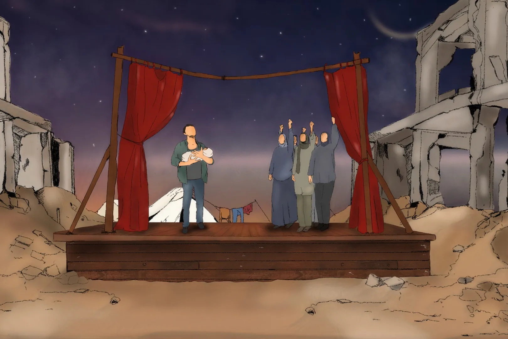 Actors perform on a wooden stage amid ruins, with red curtains and a starry sky.