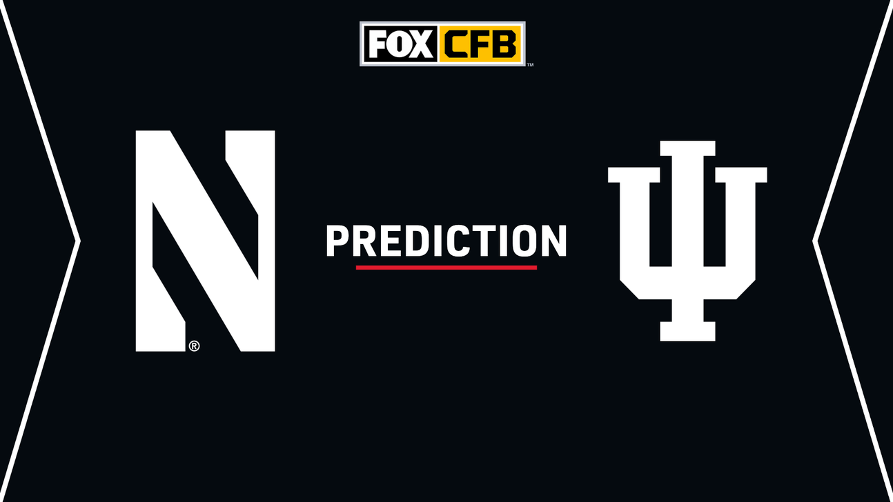 Dark navy graphic with white Indiana and Northwestern logos, a Fox CFB badge, and a red prediction underline.