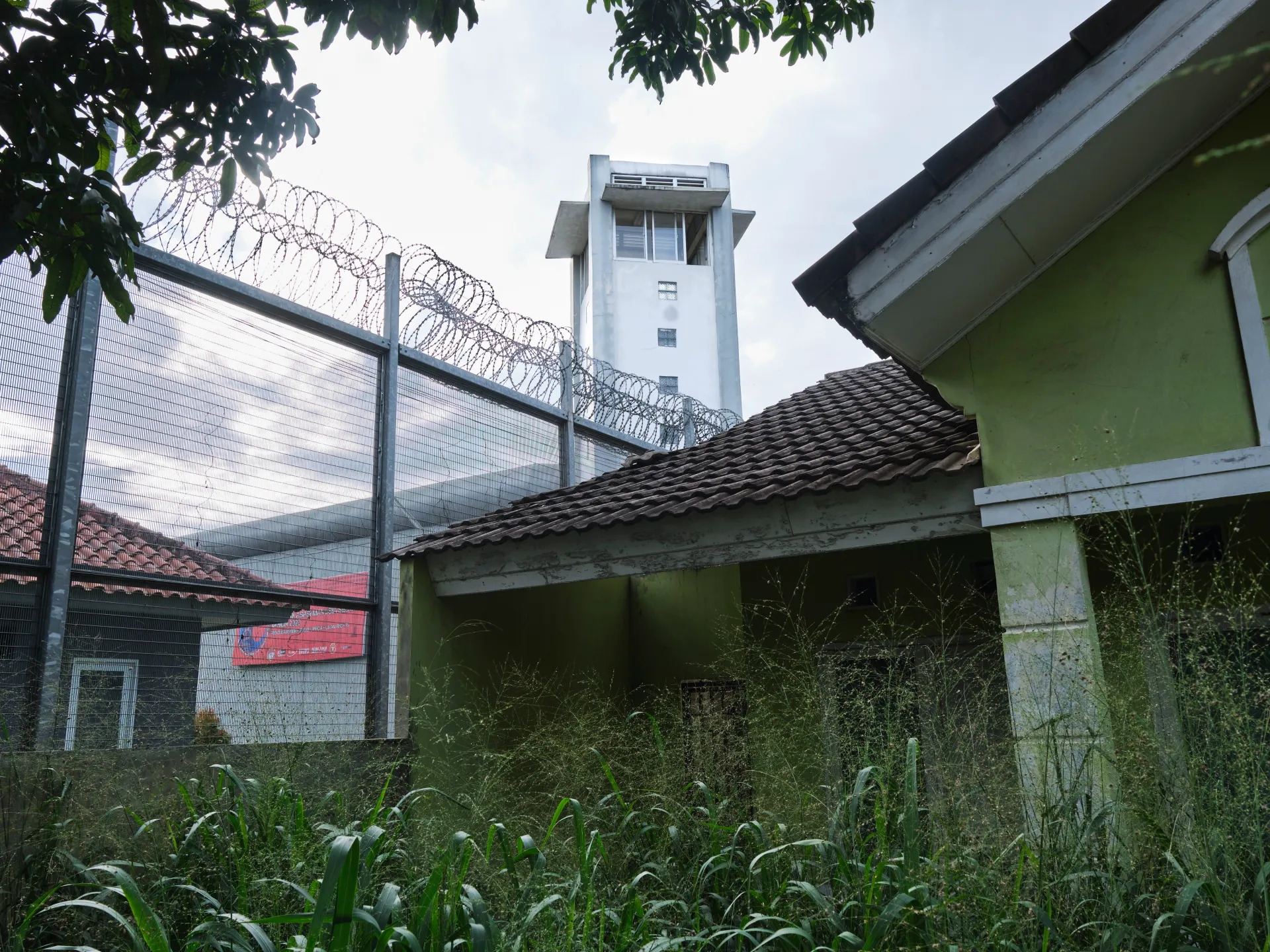 A watchtower and razor-wire fence rise behind an overgrown compound with green walls and tiled roofs.