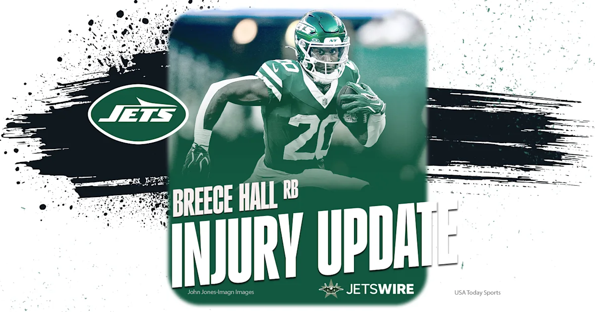 Graphic shows a New York Jets player running with the ball beside team branding and an injury update headline.