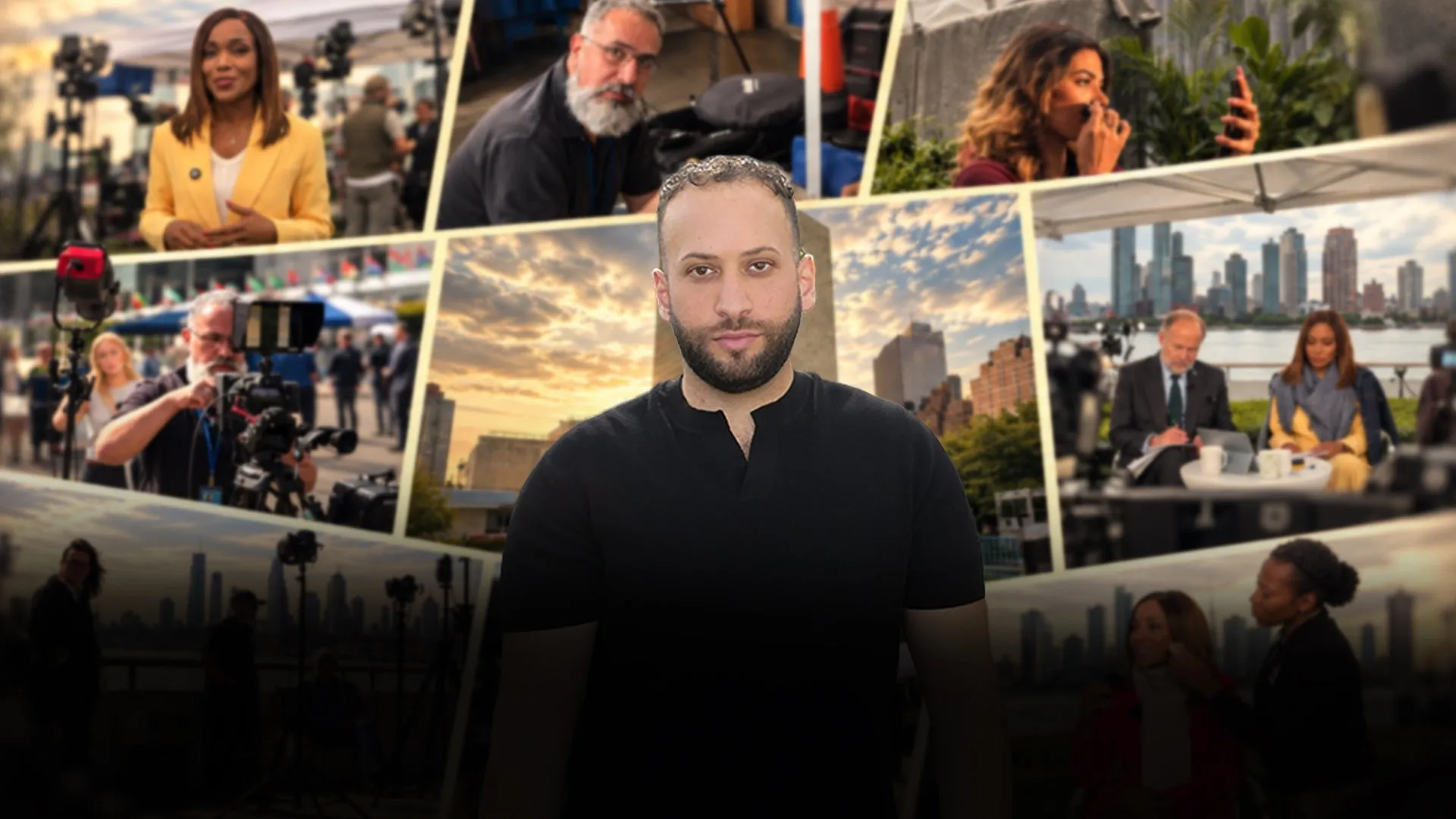 A man in a black shirt stands before a collage of television presenters, camera crews, and city scenes.