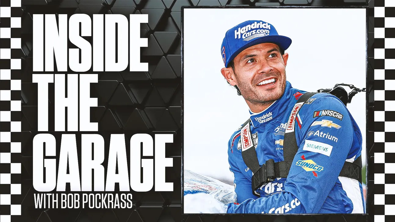 Smiling race car driver in blue HendrickCars.com suit and cap beside bold Inside the Garage graphic