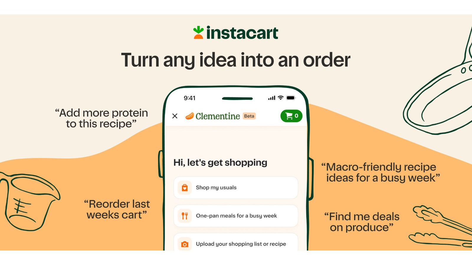 Instacart graphic featuring Clementine AI assistant on a smartphone with grocery shopping prompts