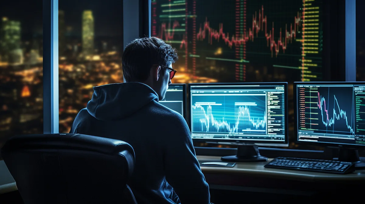 Person viewing financial charts and market data across multiple computer monitors at night