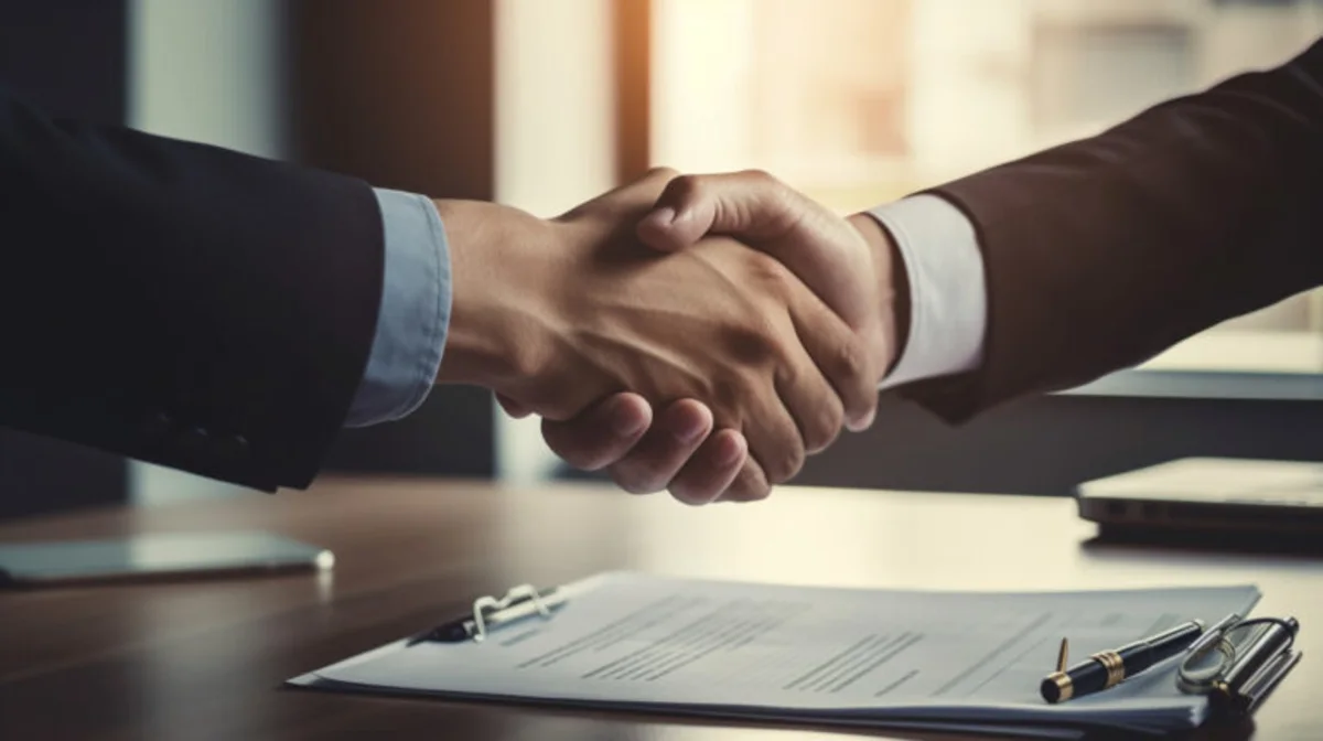 Two businesspeople shake hands above signed documents on an office desk.