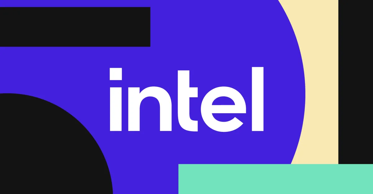 Intel logo in white centered on a purple field with black, cream, and turquoise geometric shapes.