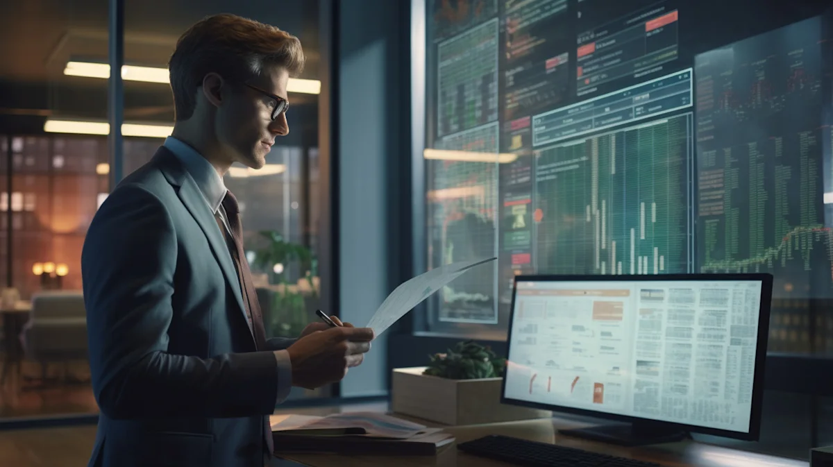 Analyst in glasses reviews documents beside monitors displaying financial charts and market data.