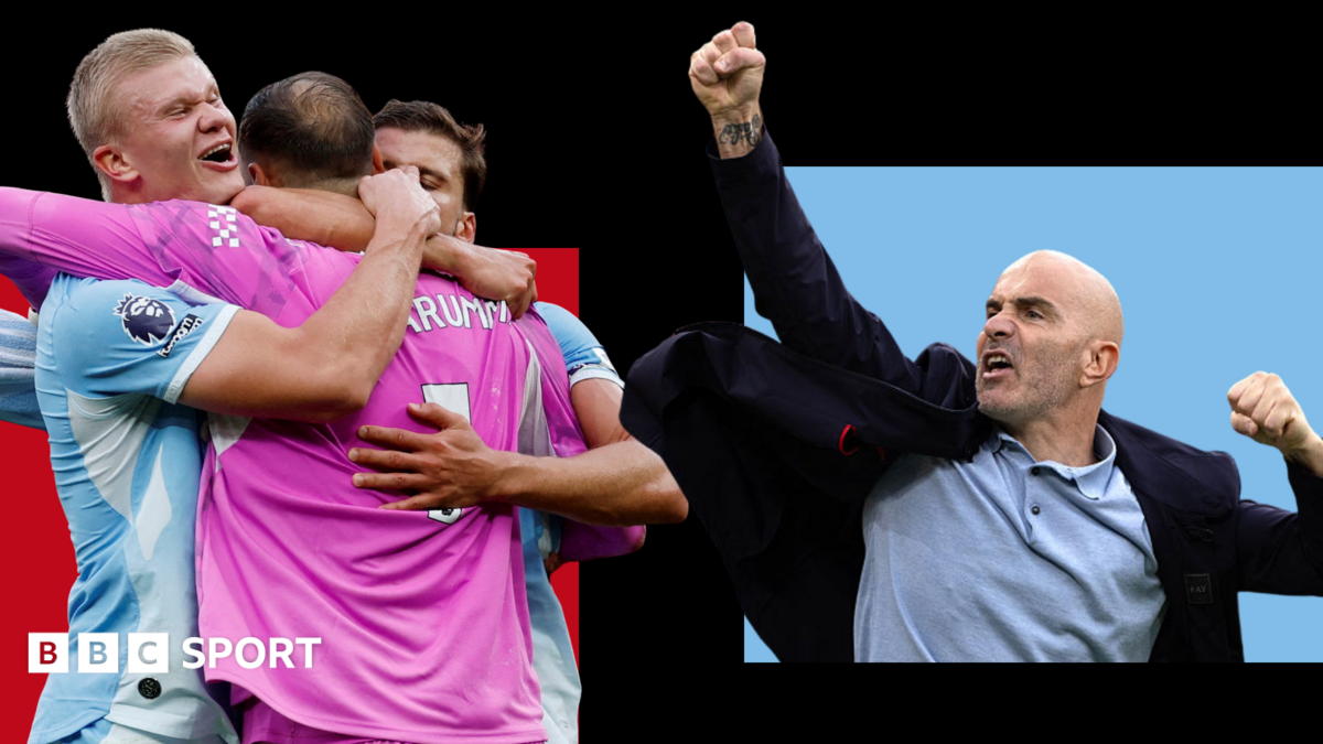 Football players in pink and blue kits celebrate beside a bald coach raising his fists.