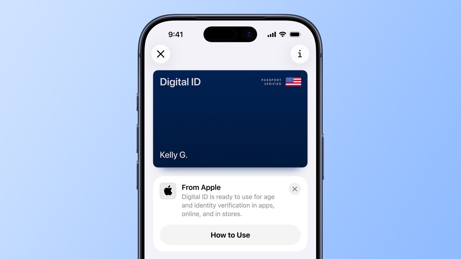 iPhone screen displaying a Digital ID card marked passport verified with an Apple usage notification