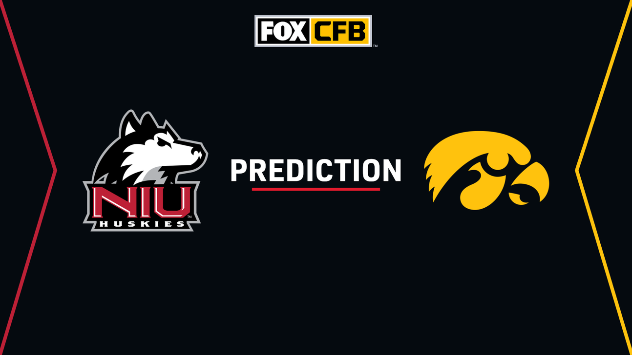 FOX CFB prediction graphic featuring Northern Illinois Huskies and Iowa Hawkeyes logos on dark background